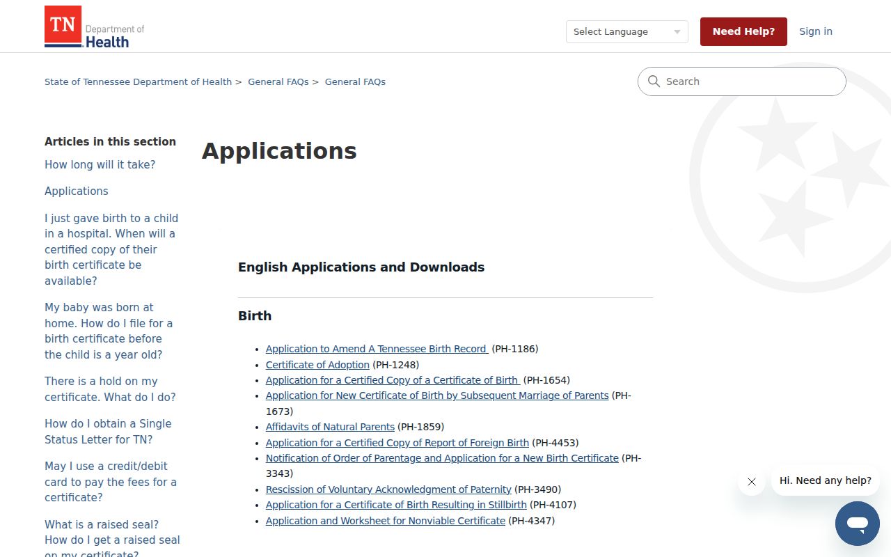 Morristown public records applications for Tennessee vital certificates